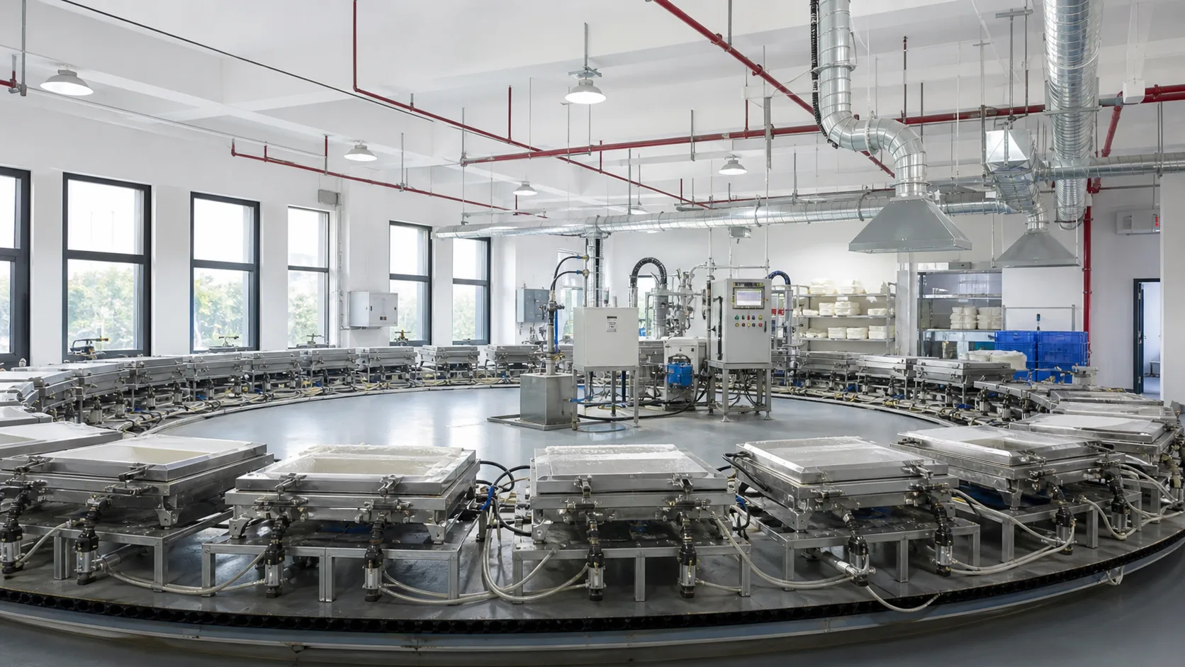 SensaRest memory foam pillow molding line with circular metal molds and ventilation ducts